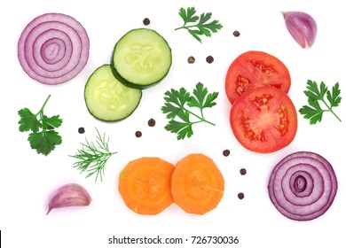 tomato, cucumber and carrot slice with parsley leaves, dill, onion, garlic isolated on white background. Top view - Powered by Shutterstock