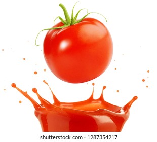 Tomato Falling Into Sauce Splash Isolated On White