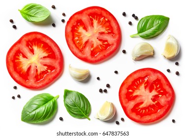 Tomato, Garlic And Basil Isolated On White Background, Top View