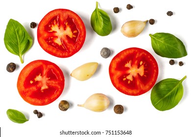 Tomato, Garlic And Basil Isolated On White Background, Top View