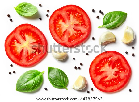 tomato, garlic and basil isolated on white background, top view