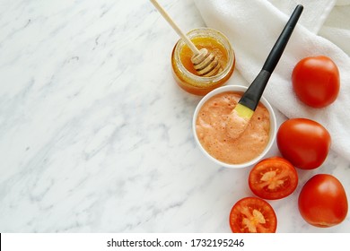 Tomato And Honey Face Mask For Skin Brightening, Natural Homemade Beauty Product, Top View, Copy Space.