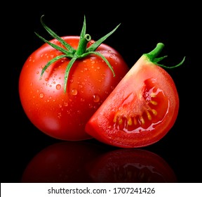 Tomato Isolated. Tomato With Drops On Black. Tomato Whole And Slice Side View. Wet Tomato Black Background.