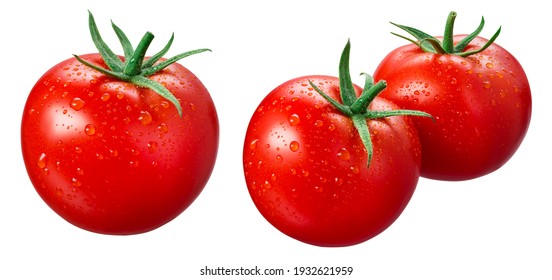 Tomato isolated. Tomatoes with drops on white background. Set of wet tomato. With clipping path. - Powered by Shutterstock