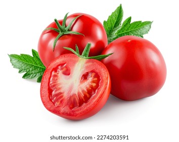Tomato isolated. Tomatoes with leaf on white background. Tomato, leaves and a half side view composition. Full depth of field.