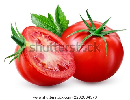 Tomato isolated. Tomatoes with leaf on white background. Tomato and a half side view composition. With clipping path. Full depth of field.