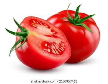 Tomato isolated. Tomatoes on white background. Tomato and a half side view. With clipping path. Full depth of field.
