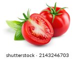 Tomato isolated. Tomato whole, half, on white background. Tomatoes with green basil leaves. Clipping path. Full depth of field.