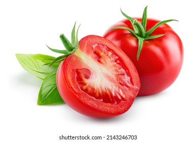 Tomato isolated. Tomato whole, half, on white background. Tomatoes with green basil leaves. Clipping path. Full depth of field. - Shutterstock ID 2143246703