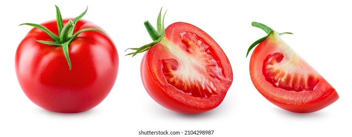 Tomato isolated. Tomato whole, half and slice on white background. Tomatoes with clipping path. - Shutterstock ID 2104298987