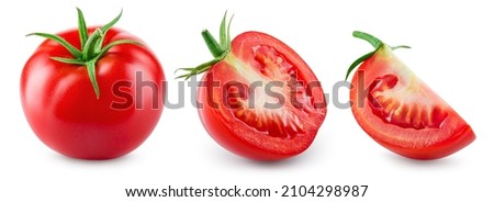 Tomato isolated. Tomato whole, half and slice on white background. Tomatoes with clipping path.