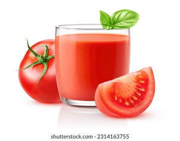 Tomato juice in glass and cut tomatoes, isolated on white background