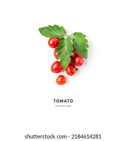 Tomato And Leaf Isolated On White Background. Food, Healthy Eating And Dieting Concept. Summer Red Cherry Tomatoes Vine Arrangement And Layout
