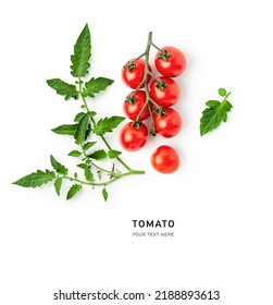 Tomato And Leaf Isolated On White Background. Food, Healthy Eating And Dieting Concept. Summer Red Cherry Tomatoes Vine Arrangement And Layout
