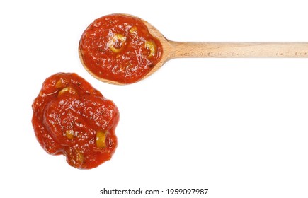 Tomato Pasta Sauce With Olive Slices And Wooden Spoon Isolated On White Background, Top View