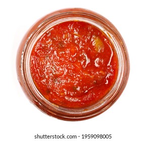 Tomato Pasta Sauce With Olive Slices In Glass Jar Isolated On White Background, Top View