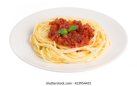 Tomato Pasta Spaghetti In A Dish Isolated On White Background