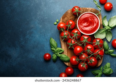 Tomato paste, sauce, ketchup and cherry tomatoes on branches and basil, top view - Powered by Shutterstock