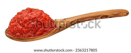 Tomato paste in wooden spoon isolated on white background, full depth of field
