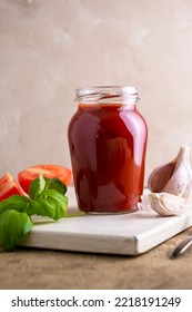 Tomato Pizza Sauce In Jar. Homemade Sauce For Cooking Pizza