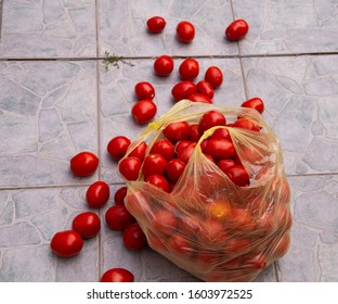 Tomato in plastic bag . Horizontal composition, outdoors shot 