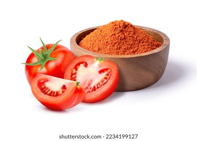 Tomato powder in wooden bowl and fresh tomatoes isolated on white background. - Powered by Shutterstock