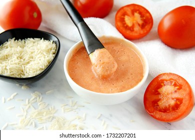 Tomato And Rice Water Face Mask For Skin Treatment, Natural Homemade Beauty Product. 