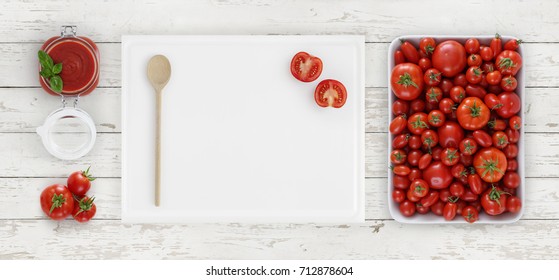 Tomato Sauce Above, Cutting Board With Spoon, Glass Jar And Tomatoes Isolated On White Wooden Kitchen Work Top Background, Copy Space, Top View