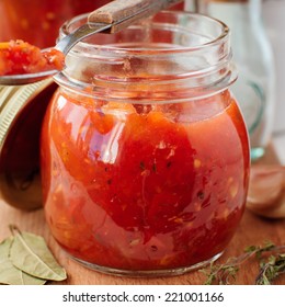 Tomato Sauce, Canned Marinara Preserves, Selective Focus On The Jar, Close Up