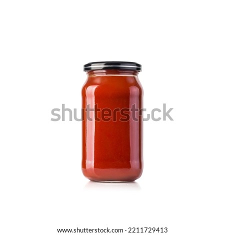 tomato sauce. a glass jar of tomato ketchup. tomato sauce jar mockup template. white background. isolated object