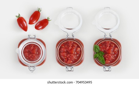 Tomato Sauce Glass Jar With Tomatoes And Basil Isolated On White Background