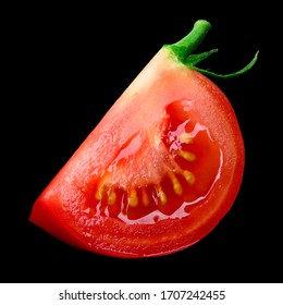 Tomato Slice Isolated. Tomato On Black. Tomato Slice Side View. Cut Tomato Black Background.