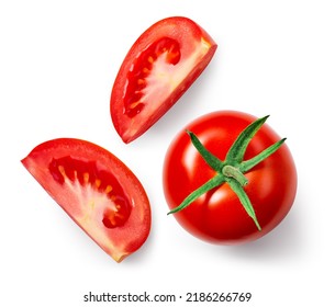 Tomato slice isolated. Tomato whole and slices top view on white background. Set of tomatoes with clipping path.