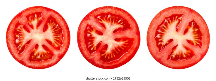 Tomato slice top view isolate. Tomato on white background. Set of round tomato slices. With clipping path. - Shutterstock ID 1932625502
