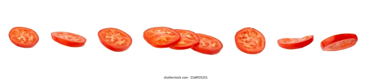 Tomato slice top view isolate. Tomato on white background. Set of round tomato slices. With clipping path. - Shutterstock ID 2168925251