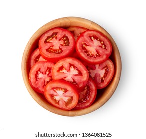 Tomato Slice In Wood Bowl Isolated On White Background. Top View