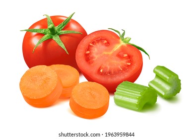 Tomato, sliced carrot and celery isolated on white background. Package design element with clipping path