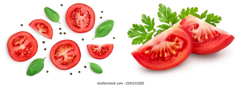 Tomato slices with basil and peppercorns isolated on white background. Clipping path and full depth of field. Top view. Flat lay