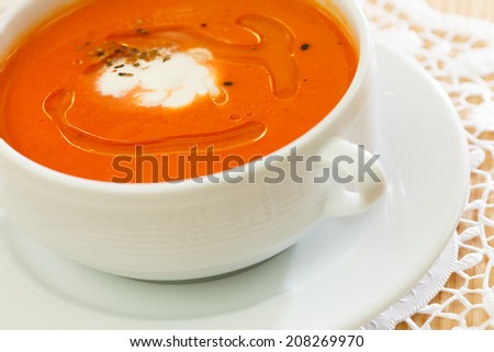 Similar – Foto Bild Kürbissuppe in weißer Schüssel und Zutaten auf Holztisch