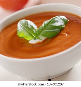 Tomato Soup With Basil Garnish.