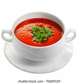 Tomato Soup In Ceramic Bowl On White