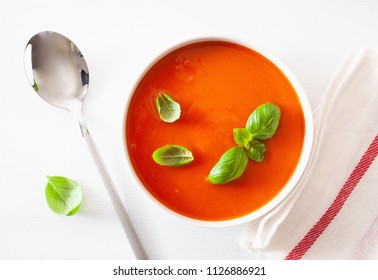 Tomato Soup Flat Lay On White Backgorund