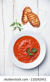 Tomato Soup Gazpacho On White Wood Background