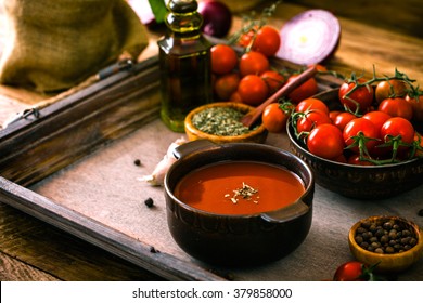 Tomato Soup. Homemade Tomato Soup With Tomatoes, Herbs And Spices. Comfort Food.