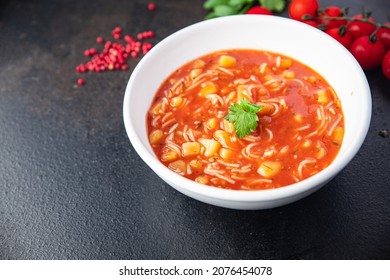 Tomato Soup Pasta Red First Course Dish Meal Snack Copy Space Food Background Rustic