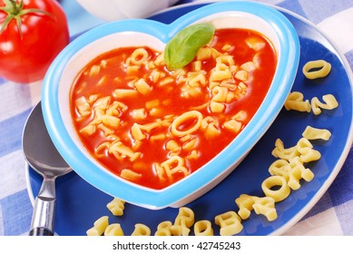 Tomato Soup With  Pasta In The Shape Of Letters  For Child