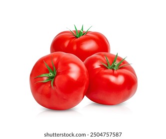 Tomato vegetables isolated on white background. Natural, organic and fresh whole tomatoes. Delicious and healthy ingredient for salads and seasonal food.