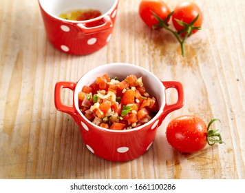 Tomato Vinaigrette In Red Polka Dot Dishes