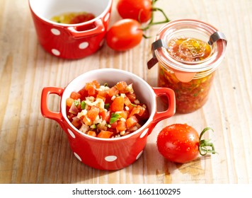 Tomato Vinaigrette In Red Polka Dot Dishes