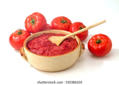 Tomatoes Bowl With Tomato Paste,white Background.